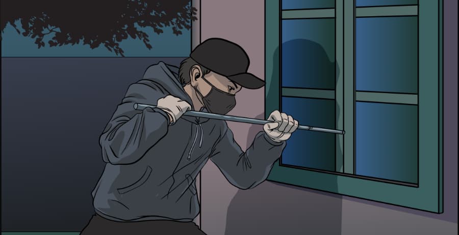 Illustration of burglar forcing entry through a window in South Fulton